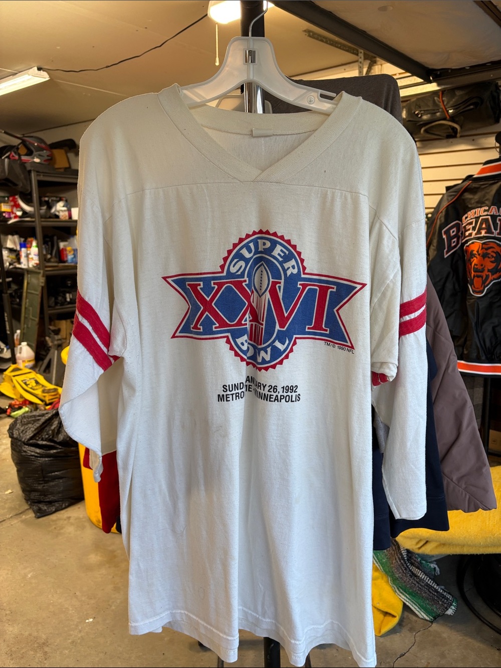 Men's vintage 90s XXVI Super Bowl Football Athletic Tee with Red Sleeve Stripes
